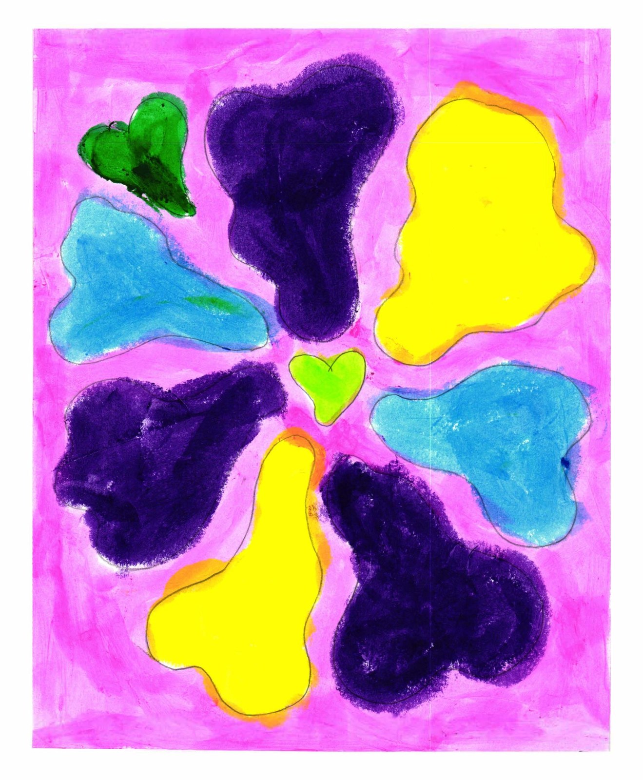 An abstract painting of a flower with six petals (two purple, two yellow, two blue) and a small green heart and dark-green heart at the center, on a bright pink background.
