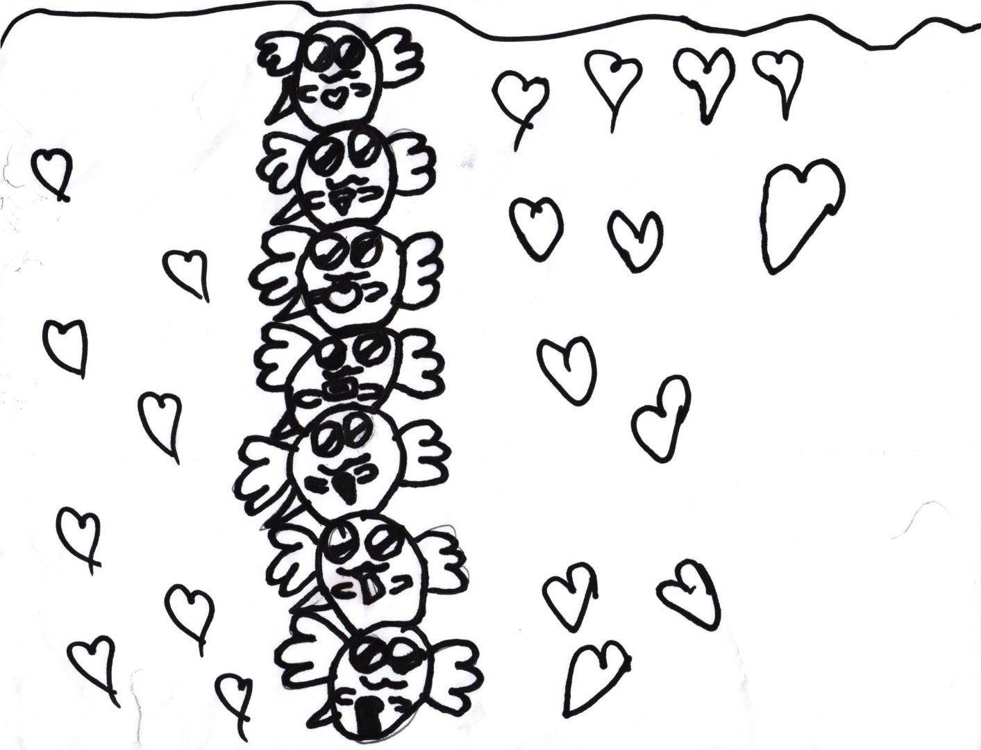 A black-marker drawing on white paper. A wavy horizontal line across the top marks the surface of the water. Below it, seven axolotls are stacked vertically head-to-tail down the middle of the page, each with big round eyes, small heart-shaped mouths, feathery three-pronged gills sticking out from their heads, and small hands to either side. Around the stack, dozens of small hand-drawn hearts of varying sizes float through the water on both the left and right sides of the frame.