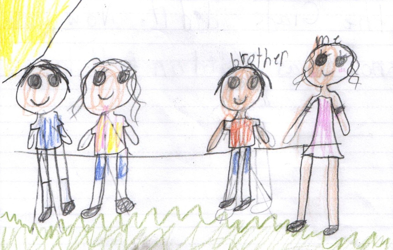 A colored-pencil drawing on lined paper. Four smiling stick-figure kids stand in a row on a strip of scribbled green grass, each holding onto a single long pencil line that stretches across the page like a tug-of-war rope. From left: a kid in a blue striped shirt and dark pants, a kid with long hair in a rainbow-striped shirt and blue shorts, a kid in a red shirt and blue pants labeled 'brother' above their head, and a kid in a pink dress labeled 'me' above their head. A bright yellow sun shines in the upper left corner.