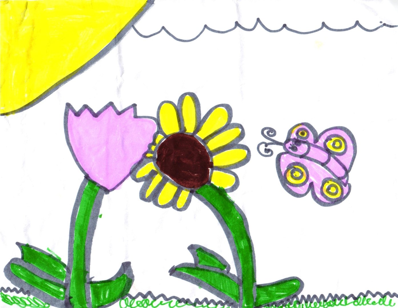 A marker drawing on white paper. In the upper-left corner, a large yellow sun peeks in. Along the top, a scalloped gray-outlined cloud stretches across the sky. In the foreground, two flowers grow from a scribbled green ground: on the left a pink tulip with a green stem and leaves, and on the right a sunflower with bright yellow petals and a dark maroon center. To the right, a pink butterfly with gray-outlined wings decorated with yellow-ringed spots flutters near the sunflower.