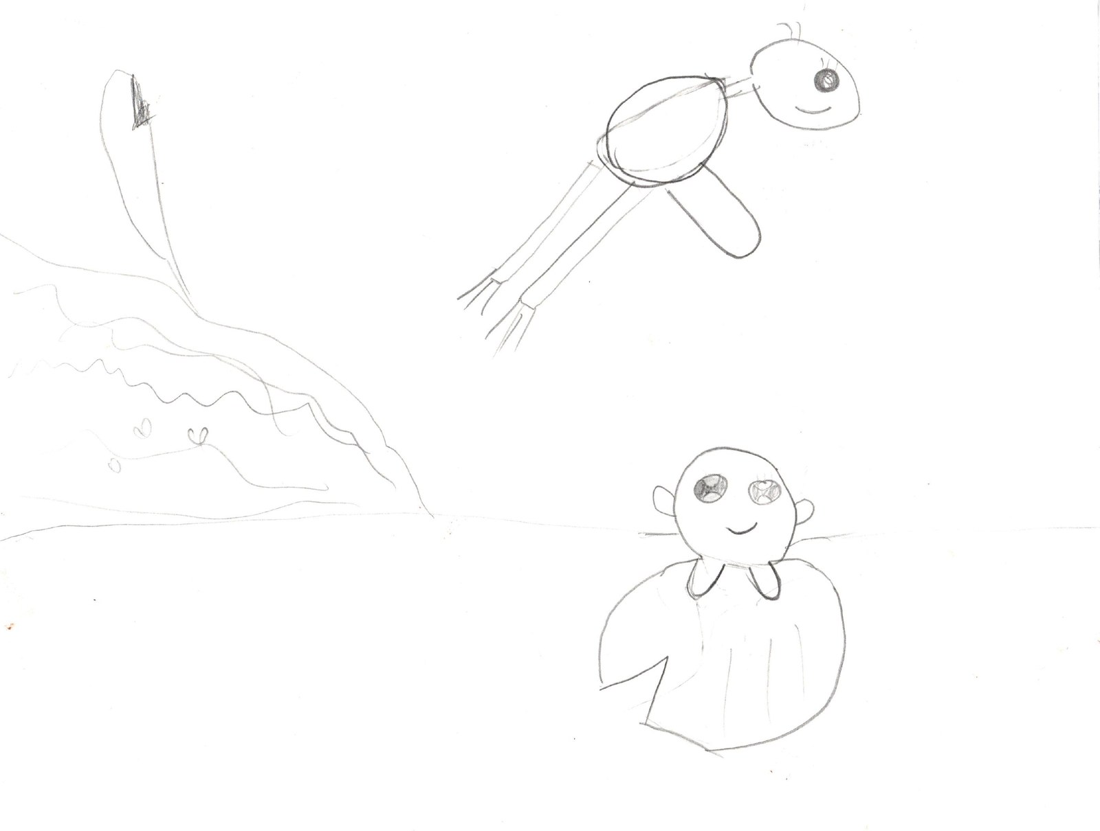 A light pencil sketch on white paper. In the upper right, a frog is leaping through the air with an oval body, four thin legs trailing behind, and a small smiling face. In the lower right, a second frog with a round head, large round eyes, and a wide smile rises out of the water inside a soft, bell-shaped body. On the left, a sloped pond bank with a wavy waterline runs across the page, and a small flag stands at the top of the slope.