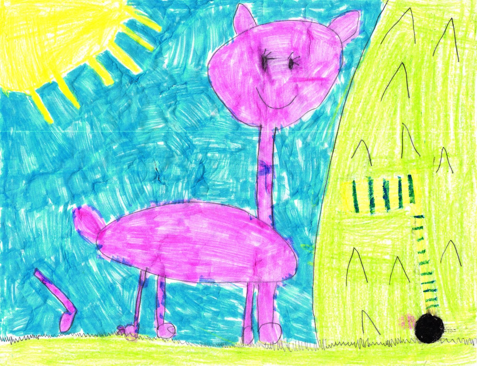 A drawing of a pink llama on a teal background, with a yellow sun in the upper-left, and a golf flag and ball on the green to the right.