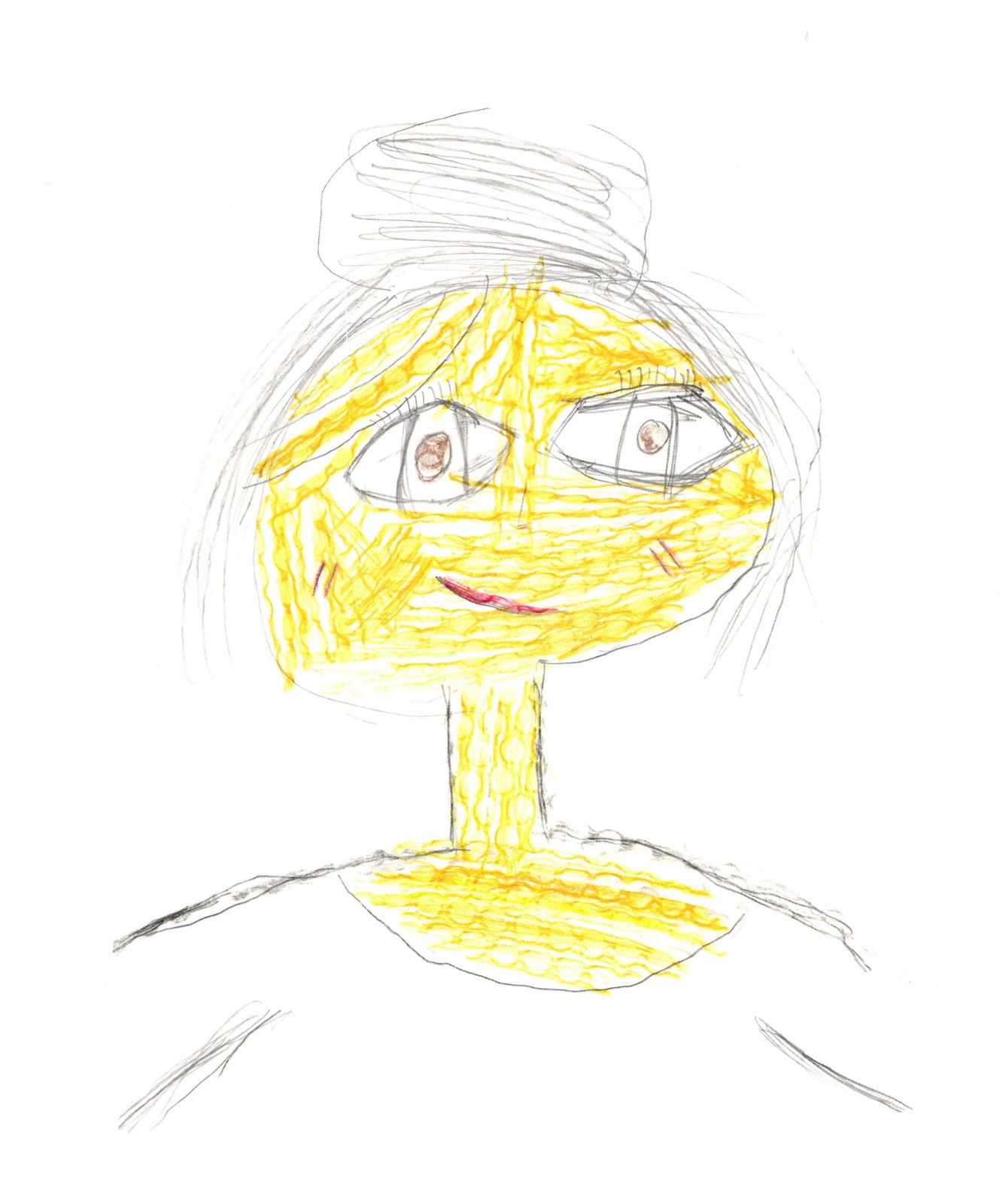 A portrait drawing of a woman with long hair pulled into a bun, a bright yellow face, brown eyes, and a small red smile.