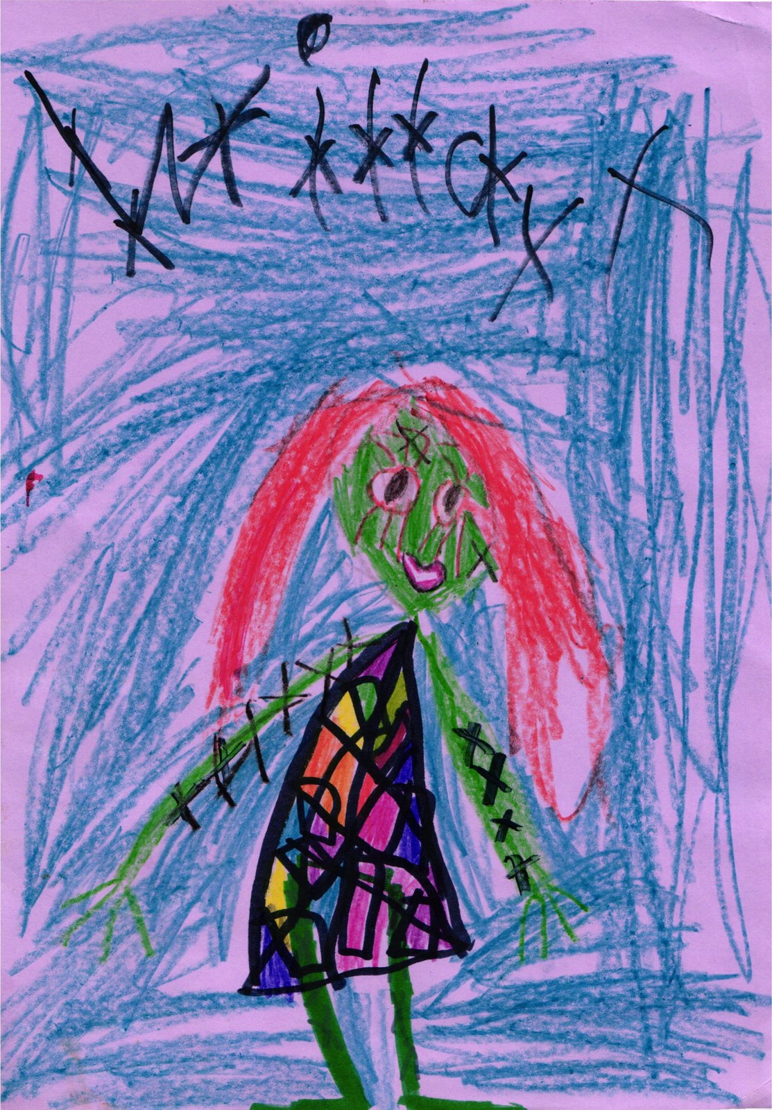 A child's drawing of Sally from The Nightmare Before Christmas. She has a green face with stitches, big eyes, a small red mouth, long red hair, and a long patchwork dress in black, purple, pink, yellow, and orange triangles outlined in heavy black marker. Her arms and legs are green with black stitch marks at the joints. The background is filled with dense blue crayon scribbles on pink paper, with black scribbles across the top.