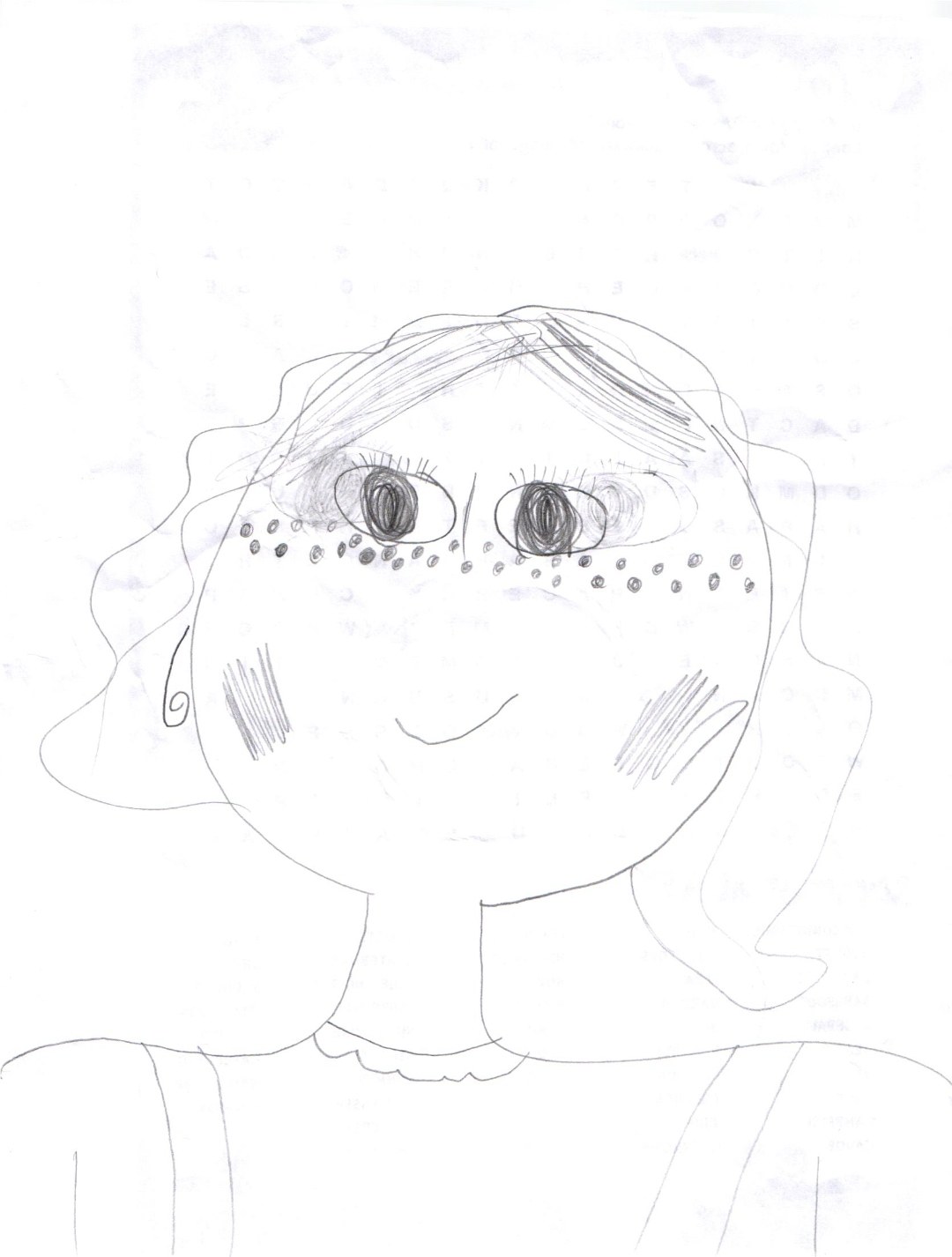 A pencil self-portrait on white paper of a young girl shown from the shoulders up, facing forward. She has wavy shoulder-length hair parted to one side, wide almond-shaped eyes with dark round pupils and long lashes, a broad band of small dot-freckles arching across her cheeks and nose, softly hatched pink cheeks, and a small closed-mouth smile. The straps of a top and the outline of her shoulders are visible at the bottom of the frame.