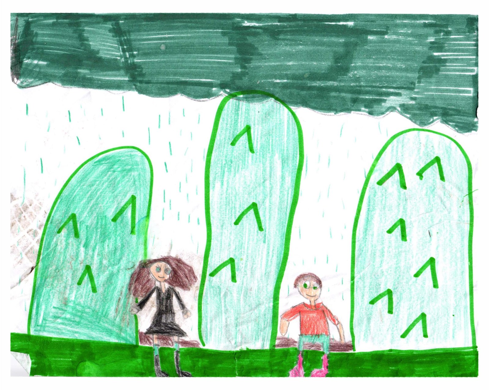 A drawing of a girl in a black dress and a boy in a red shirt standing on a green floor between three large green cacti, under a dark green band of sky.