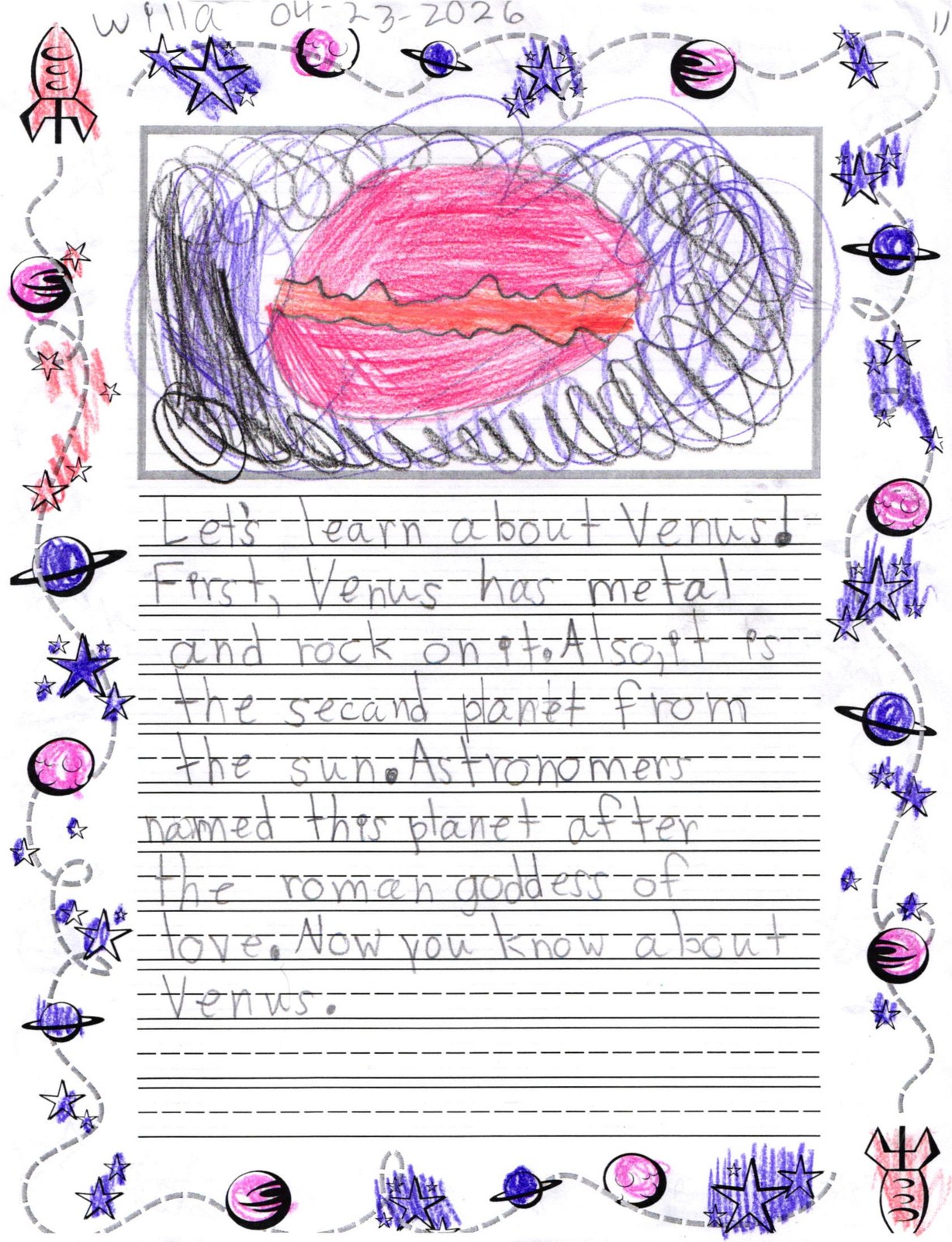 A handwritten first-grade report on space-themed lined paper with a crayon drawing at the top. The drawing shows the planet Venus as a large pink and red oval with a wavy dark red band across its middle, surrounded by dark purple and black scribbled clouds inside a gray rectangular frame. The border of the page is decorated with printed rockets, stars, planets, and Saturn. The handwritten text reads: 'Let's learn about Venus! First, Venus has metal and rock on it. Also, it is the secand planet from the sun. Astronomers named this planet after the roman goddess of love. Now you know about Venus.'